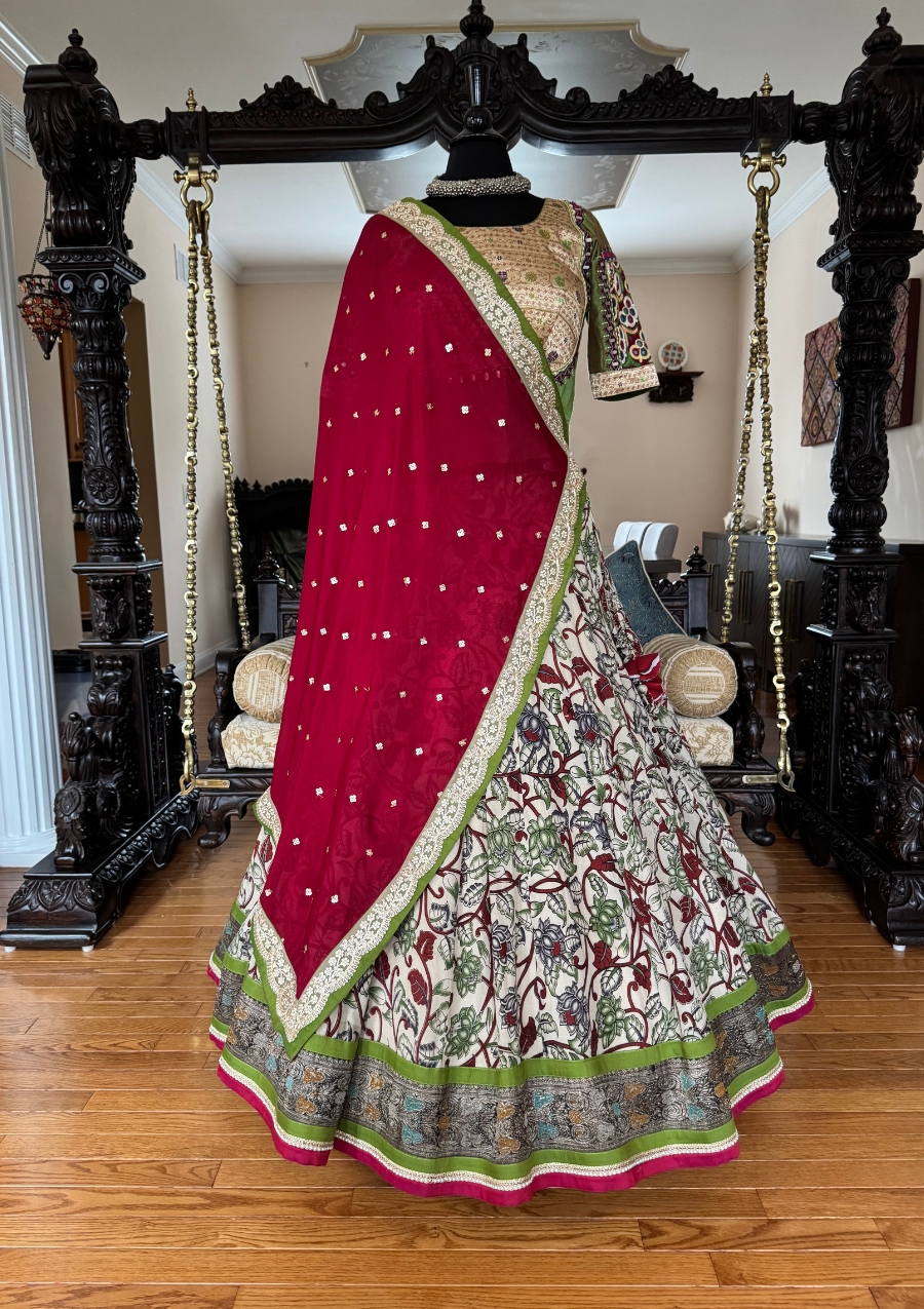 White Kalamkari Banarasi Lehenga Set
